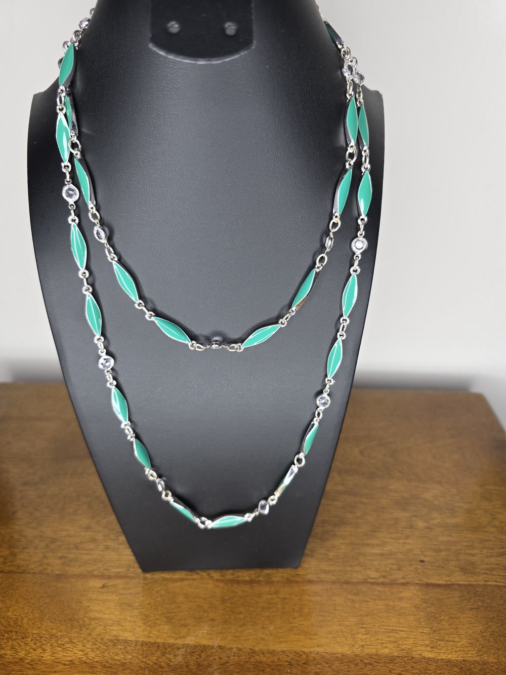 Vintage Anne Klein Green Enamal Multi-Station Necklace with Silver-Tone Links